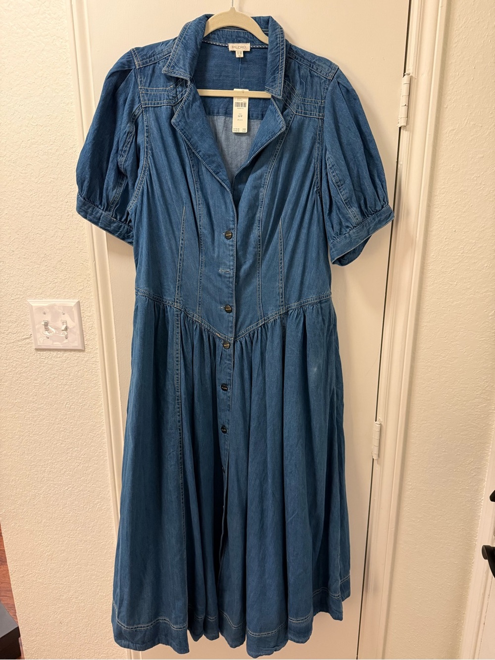 Anthropologie Drop Wasit Denim Button-Front Midi Dress